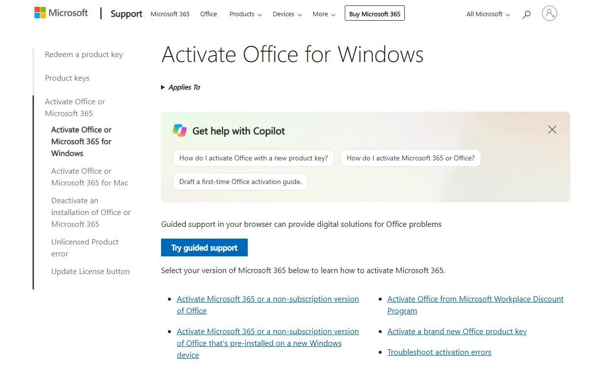 Microsoft support page titled Activate Office for Windows listing the activation options
