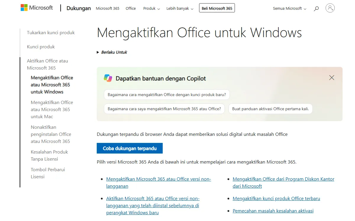 Halaman dukungan Microsoft berjudul Mengaktifkan Office untuk Windows dengan daftar pilihan aktivasi