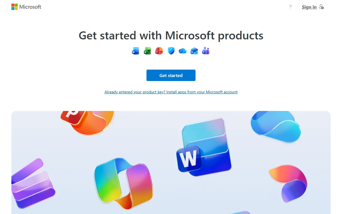 The setup.office.com landing page with a button to get started with Microsoft products