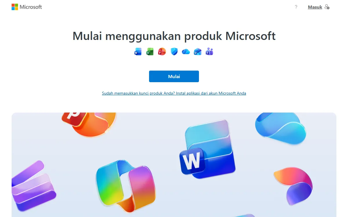 Halaman setup.office.com bertuliskan Mulai menggunakan produk Microsoft dengan tombol Mulai