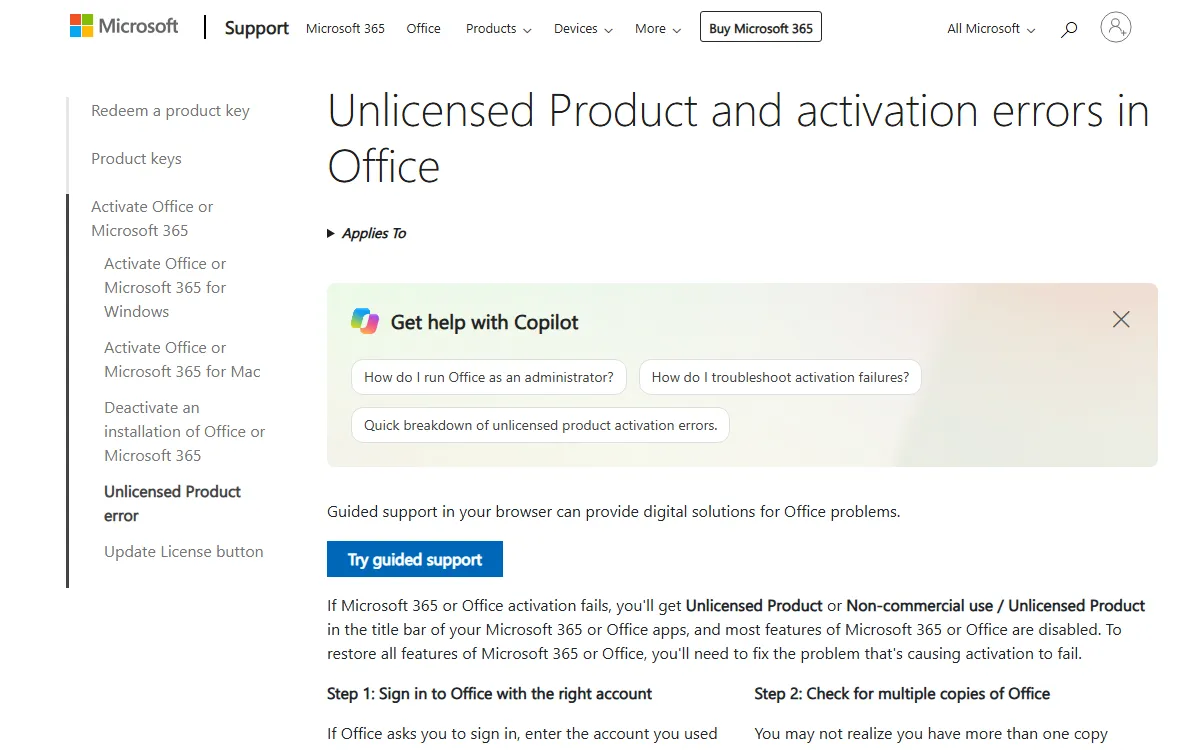 Microsoft support page titled Unlicensed Product and activation errors in Office