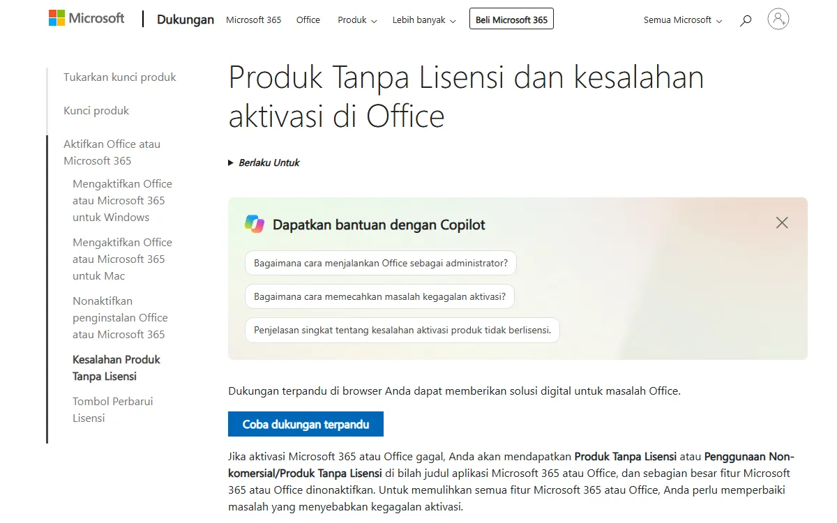 Halaman dukungan Microsoft berjudul Produk Tanpa Lisensi dan kesalahan aktivasi di Office