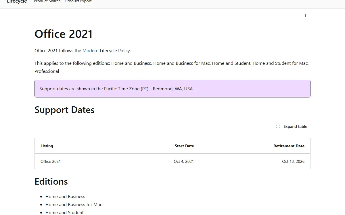 Microsoft Lifecycle page for Office 2021 showing the start date and retirement date table