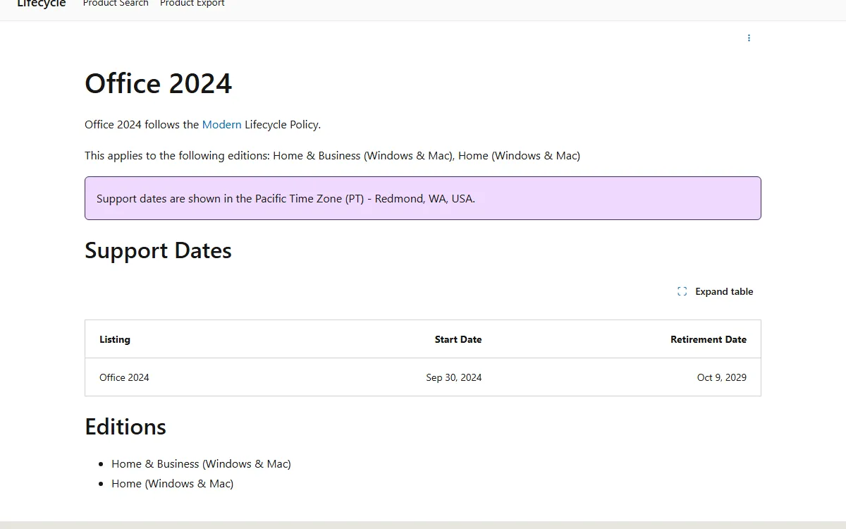 Microsoft Lifecycle page for Office 2024 showing its start date and retirement date