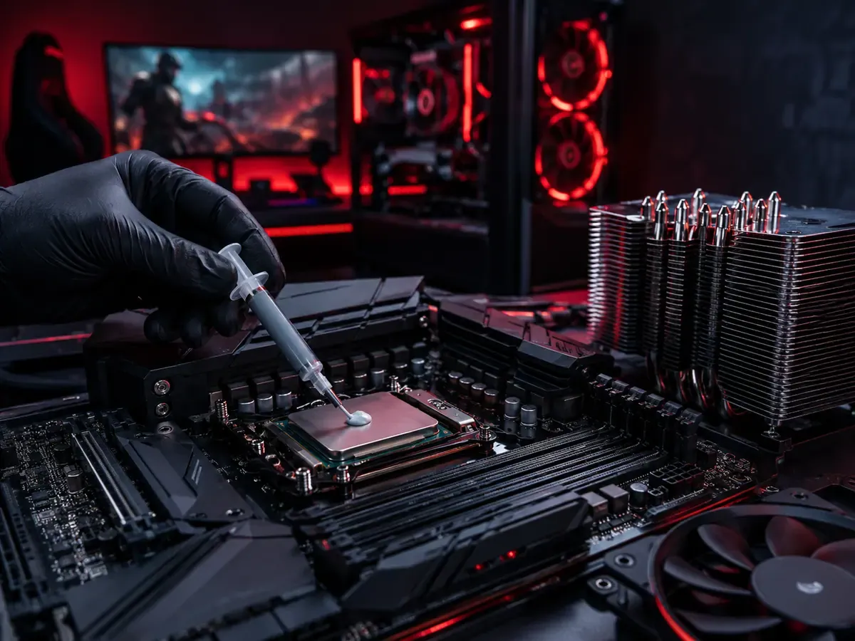 Applying thermal paste beside a CPU cooler in a gaming PC