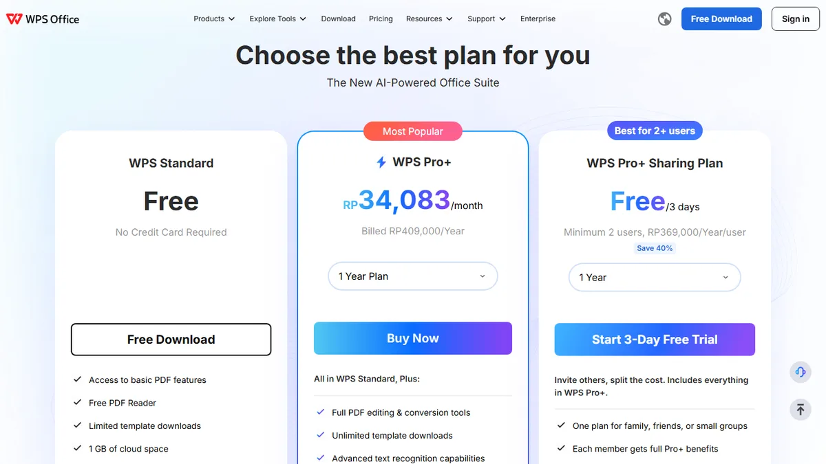 The official WPS Office pricing page: WPS Standard, WPS Pro+, and the Sharing Plan