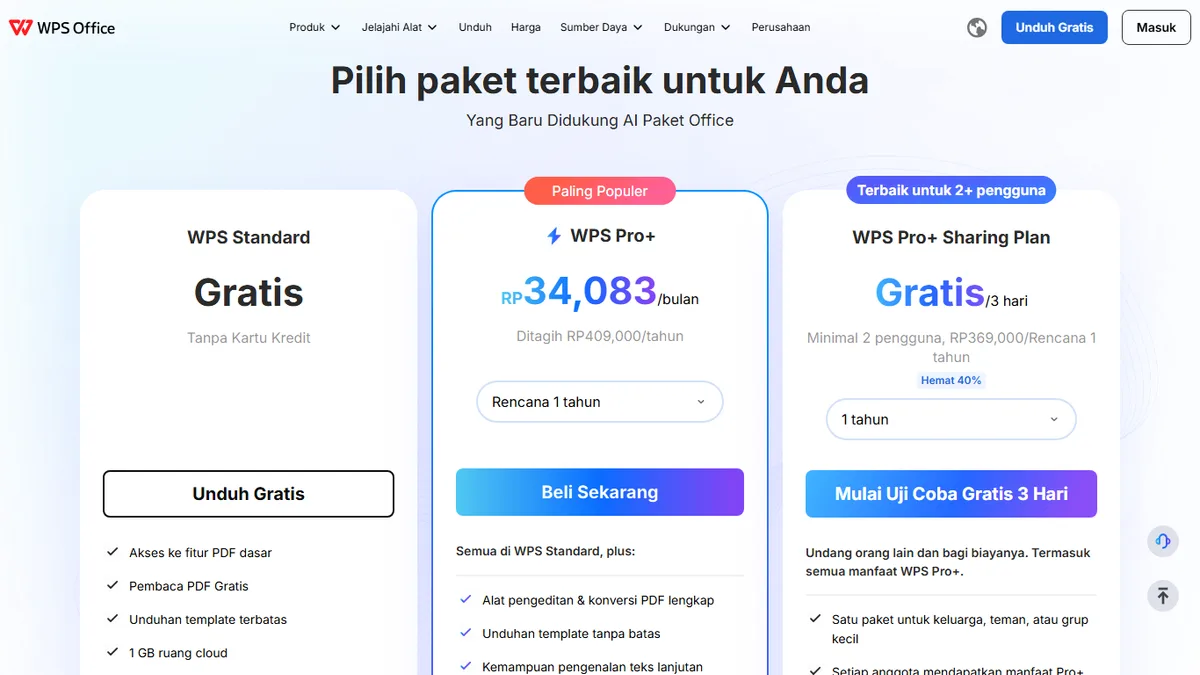 Halaman harga resmi WPS Office: WPS Standard, WPS Pro+, dan Sharing Plan