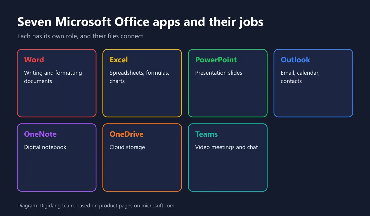 Seven Microsoft Office apps and their jobs: Word, Excel, PowerPoint, Outlook, OneNote, OneDrive, Teams