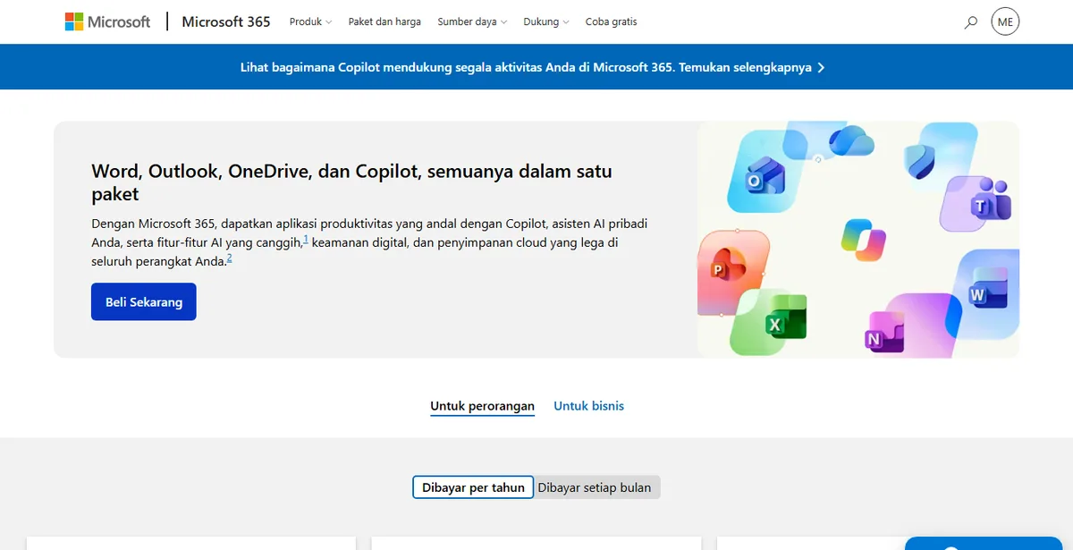 Halaman Bandingkan Paket Microsoft 365 di Microsoft Store Indonesia