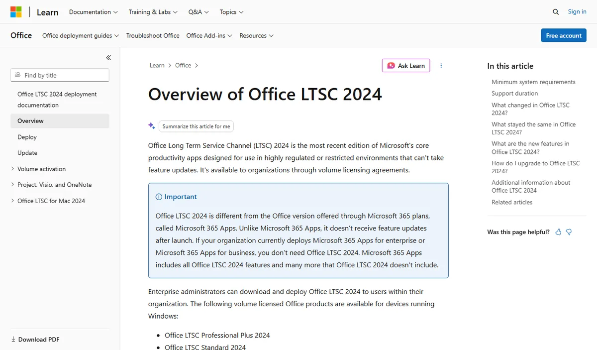 Overview of Office LTSC 2024 page on Microsoft Learn