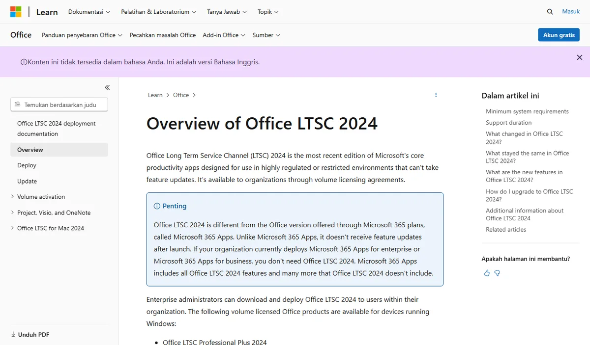 Halaman Overview of Office LTSC 2024 di Microsoft Learn