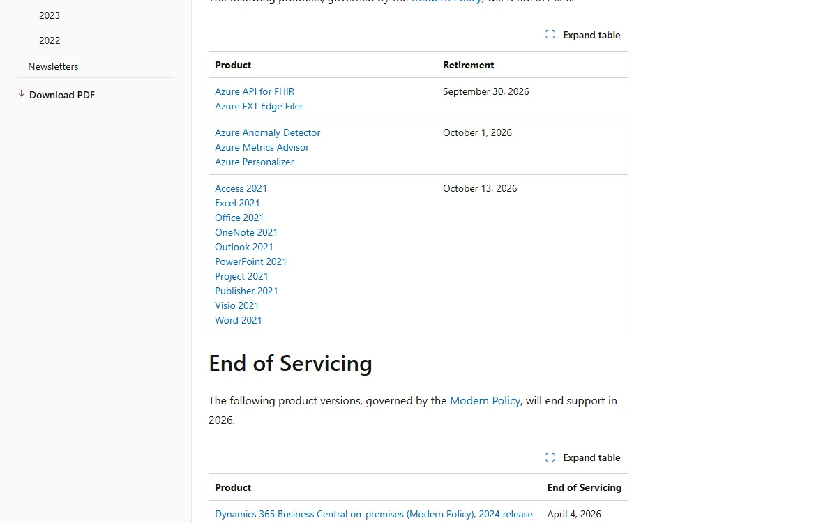 The Product Retirements table on Microsoft Learn's Ending Support in 2026 page listing Office 2021 and its apps with an October 13, 2026 date