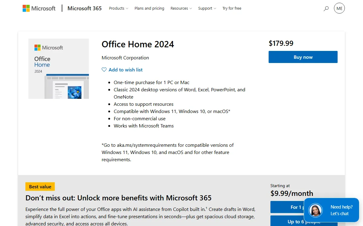 The Office Home 2024 product page on the Microsoft Store showing the price and what the package includes