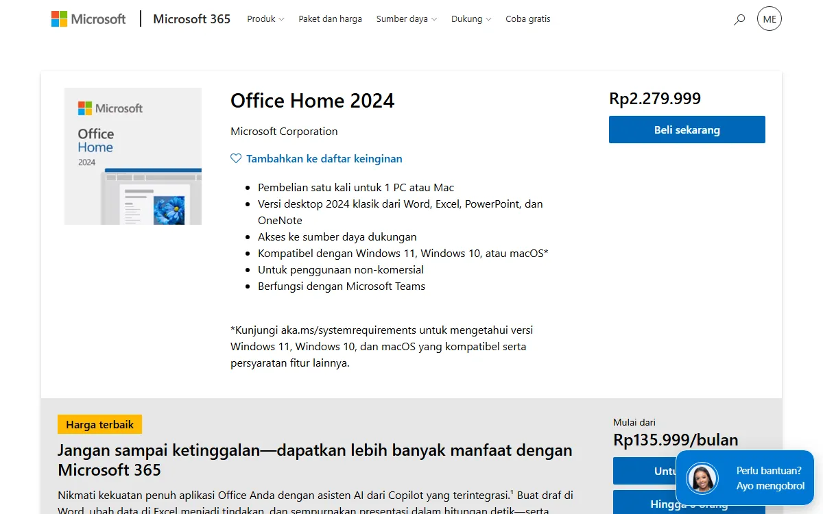 Halaman produk Office Home 2024 di Microsoft Store Indonesia dengan harga dan daftar isi paket