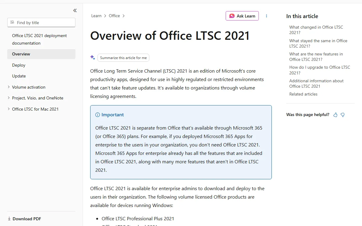 The Overview of Office LTSC 2021 page on Microsoft Learn explaining that this edition is available to organizations through volume licensing