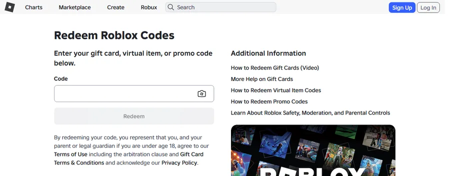 Roblox Redeem Roblox Codes page