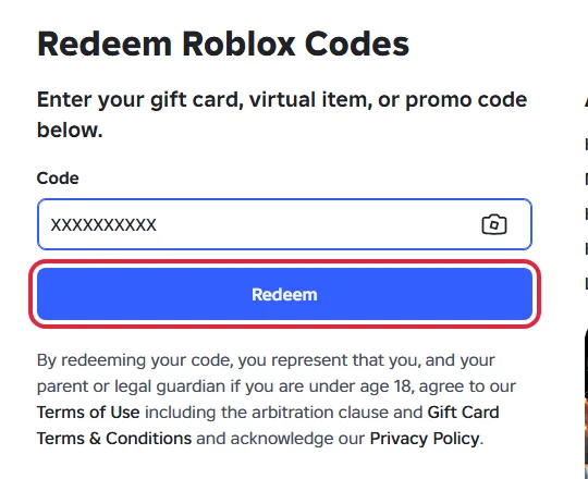 Redeem button highlighted on the Roblox redeem page