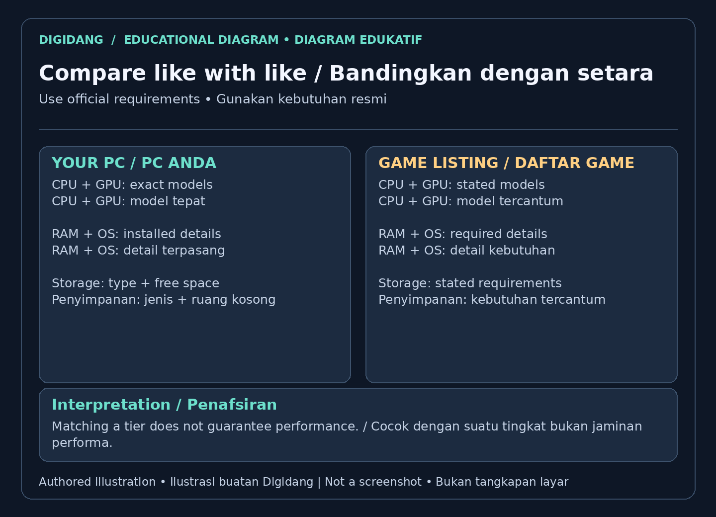 Worksheet comparing exact PC hardware, memory, OS and storage with official game requirements.