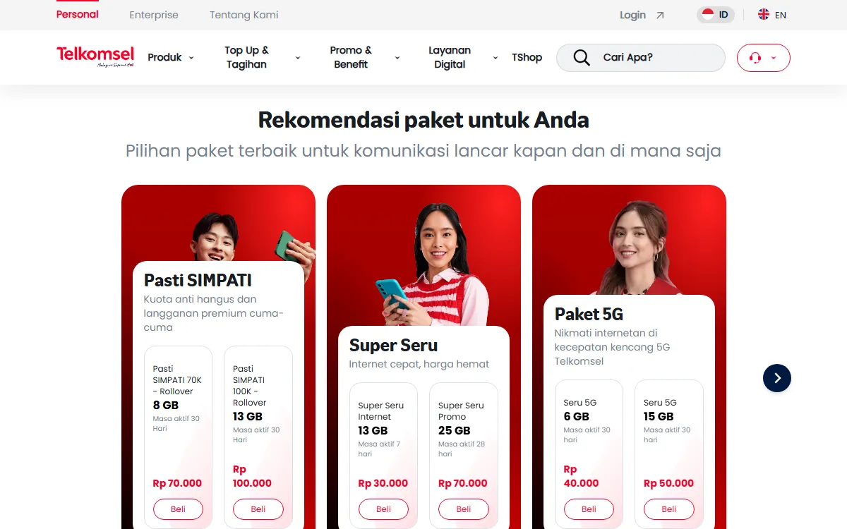The package recommendations section on the telkomsel.com SIMPATI page showing Pasti SIMPATI, Super Seru, and 5G packages with prices