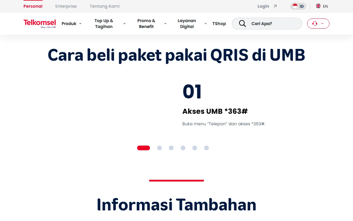 The QRIS on UMB page on telkomsel.com showing the first step, dialing *363#, next to a phone dial pad illustration