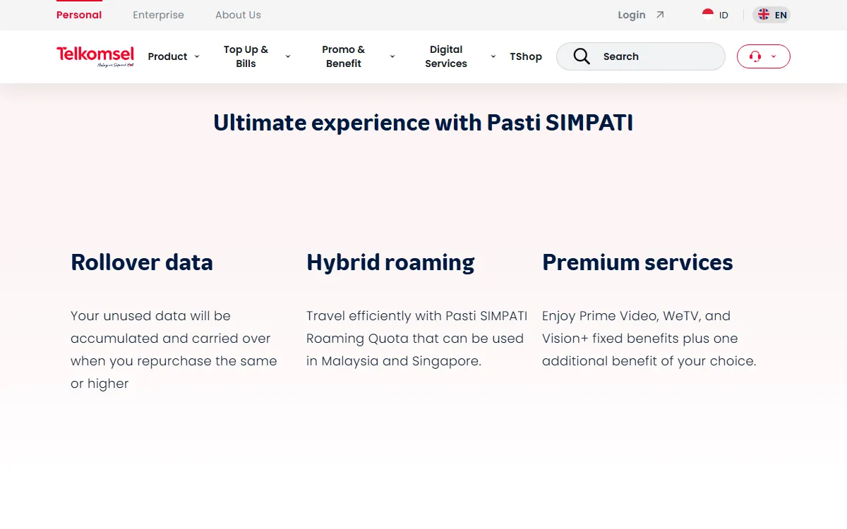 The Ultimate experience with Pasti SIMPATI section on telkomsel.com covering rollover data, hybrid roaming, and premium services