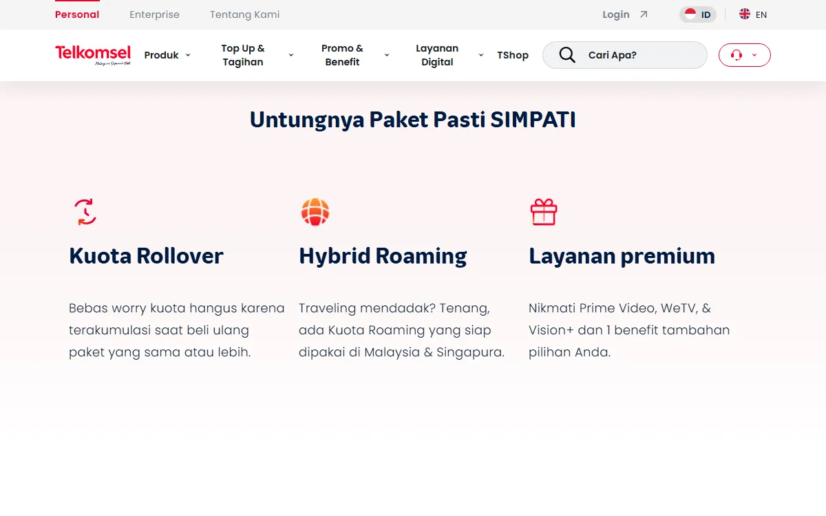 Bagian Untungnya Paket Pasti SIMPATI di telkomsel.com berisi Kuota Rollover, Hybrid Roaming, dan Layanan premium