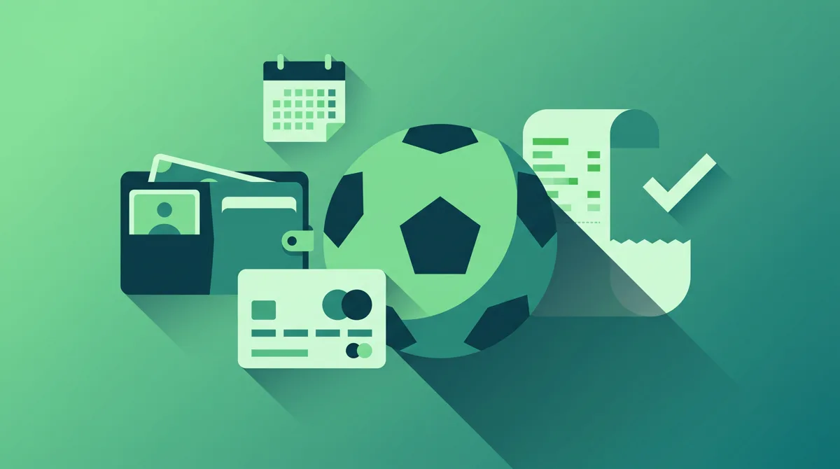 Illustration of a wallet, a calendar, a payment card, a football, and a receipt with a check mark