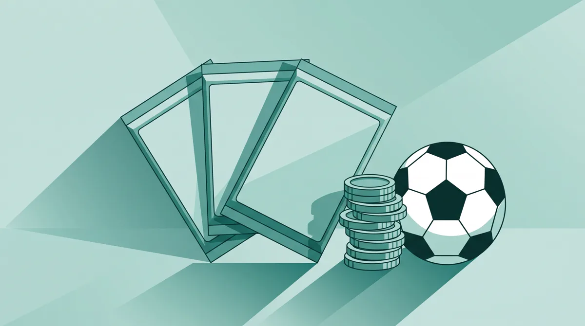 Illustration of three blank card packs fanned out next to a stack of coins and a football