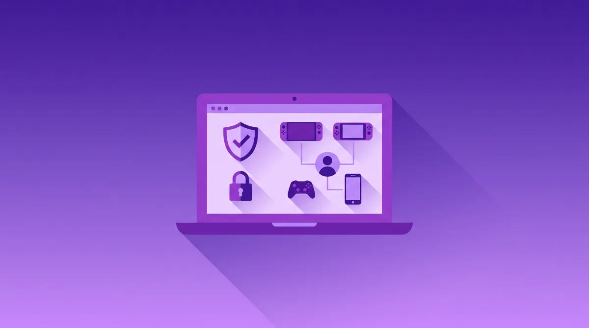 Illustration of a laptop showing a shield, a padlock, a player account icon, consoles, and a phone linked together