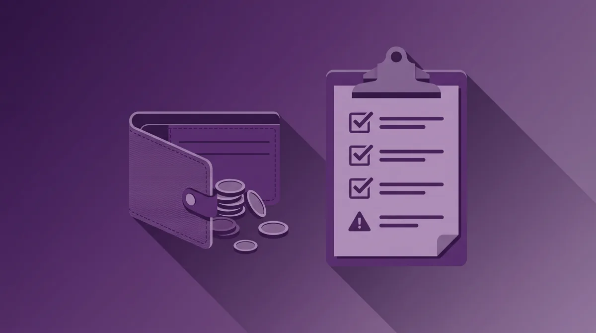 Illustration of a wallet with coins next to a checklist board showing ticked boxes and one warning sign