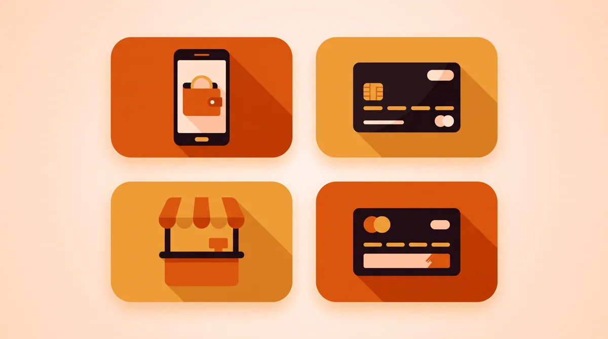 Illustration of four payment methods: digital wallet, bank card, retail counter, and prepaid voucher
