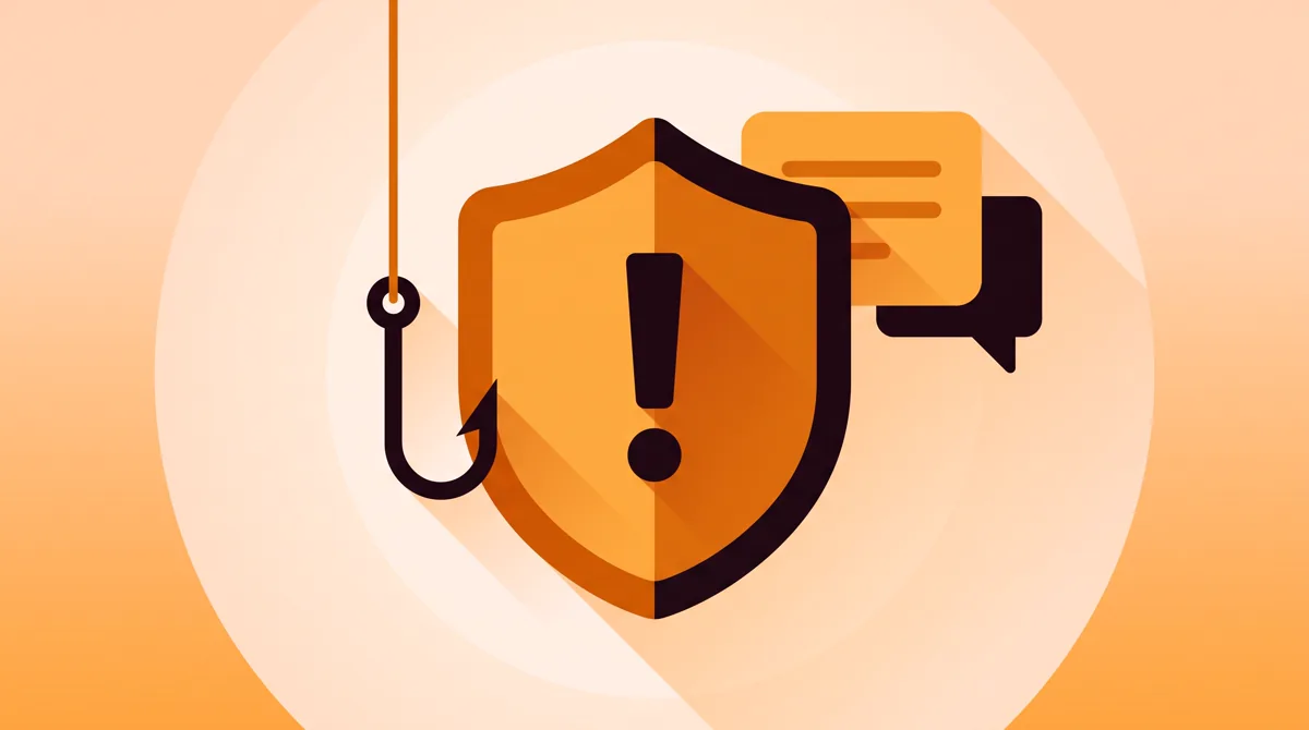 Illustration of a shield with an exclamation mark blocking a phishing hook and a suspicious chat bubble