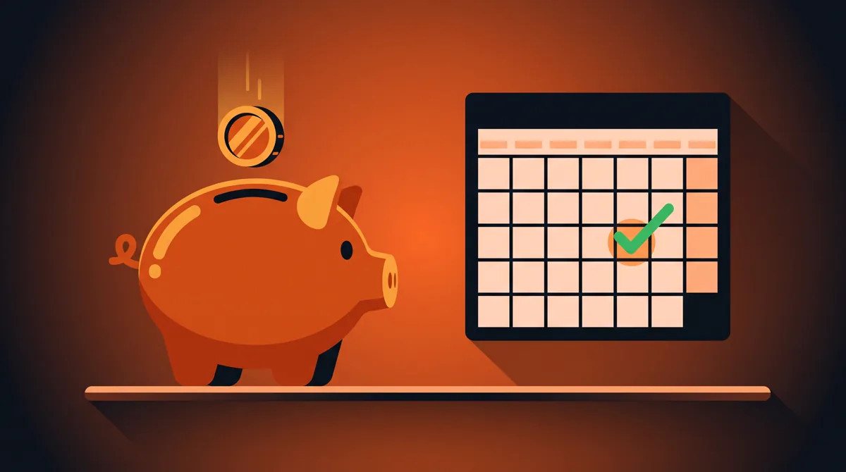Illustration of a piggy bank and a calendar with a check mark representing a monthly budget