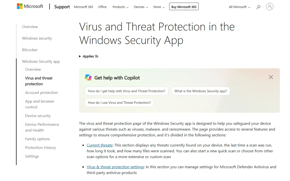 Microsoft Support page about virus and threat protection in the Windows Security app