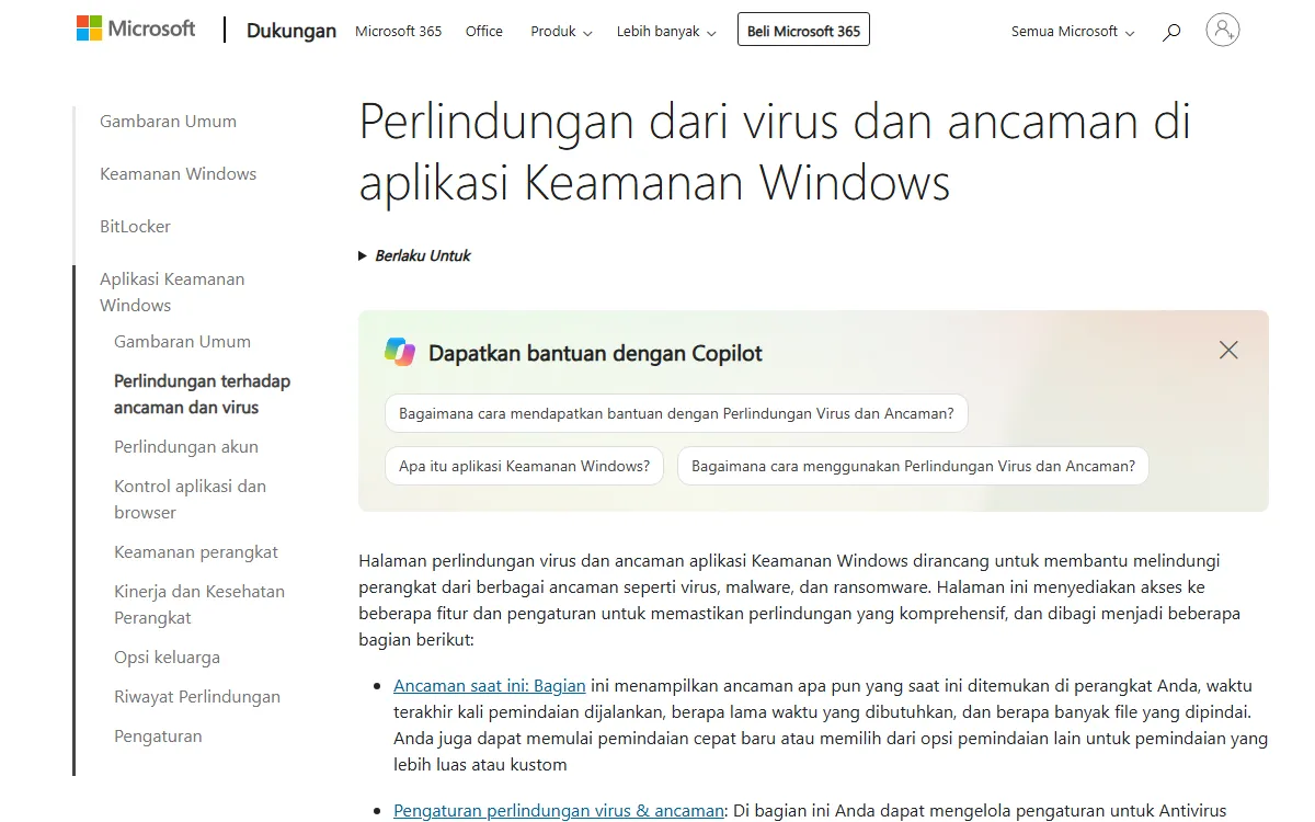 Halaman dukungan Microsoft tentang perlindungan dari virus dan ancaman di aplikasi Keamanan Windows