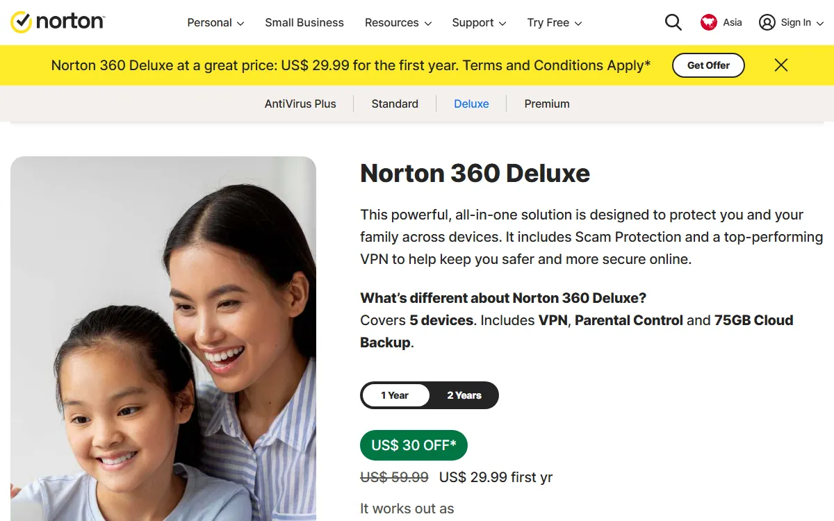 Halaman produk Norton 360 Deluxe di situs resmi Norton kawasan Asia dengan daftar fitur dan harga
