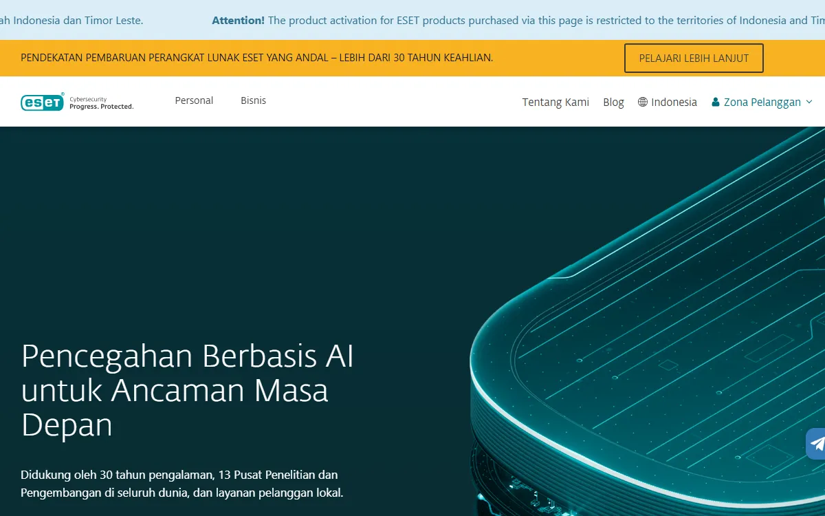 Homepage of ESET's official Indonesian site with a notice about product activation regions