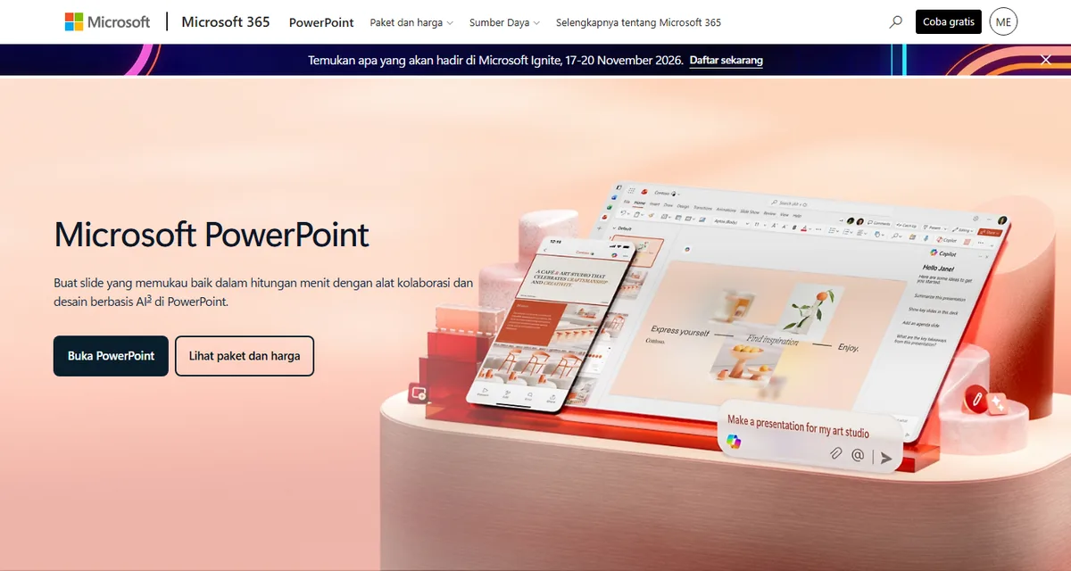 Halaman resmi Microsoft PowerPoint di microsoft.com versi Indonesia