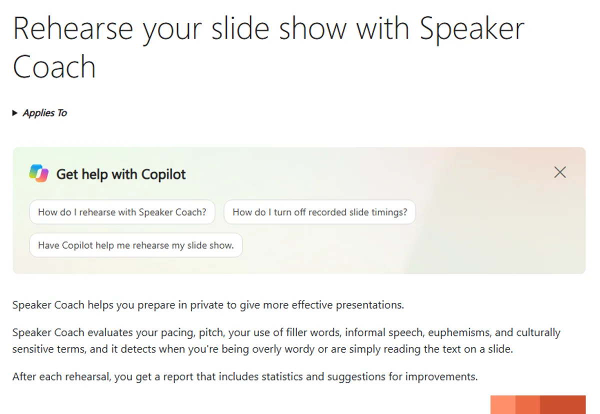 Microsoft support page about Speaker Coach in PowerPoint