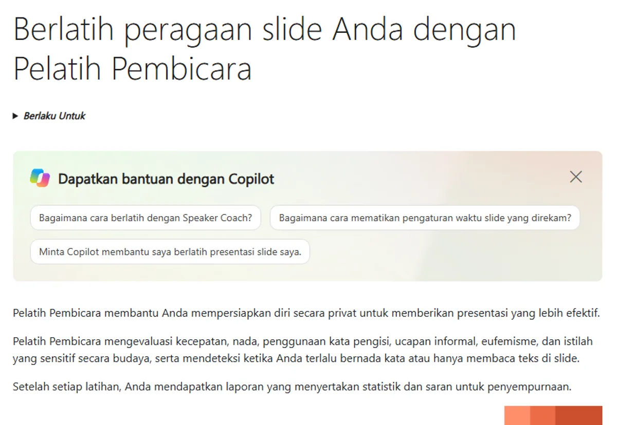 Halaman dukungan Microsoft tentang Pelatih Pembicara di PowerPoint