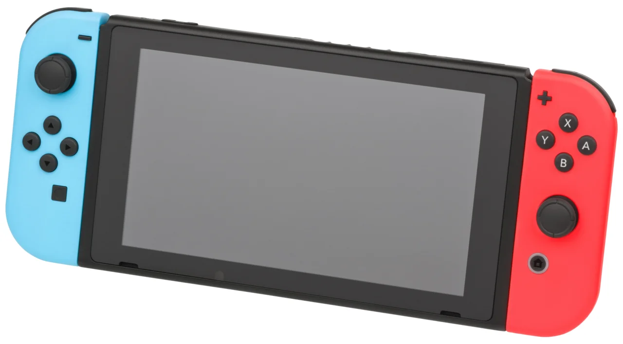 Photo of a first-generation Nintendo Switch console with a blue Joy-Con on the left and a red Joy-Con on the right, standing on a white surface