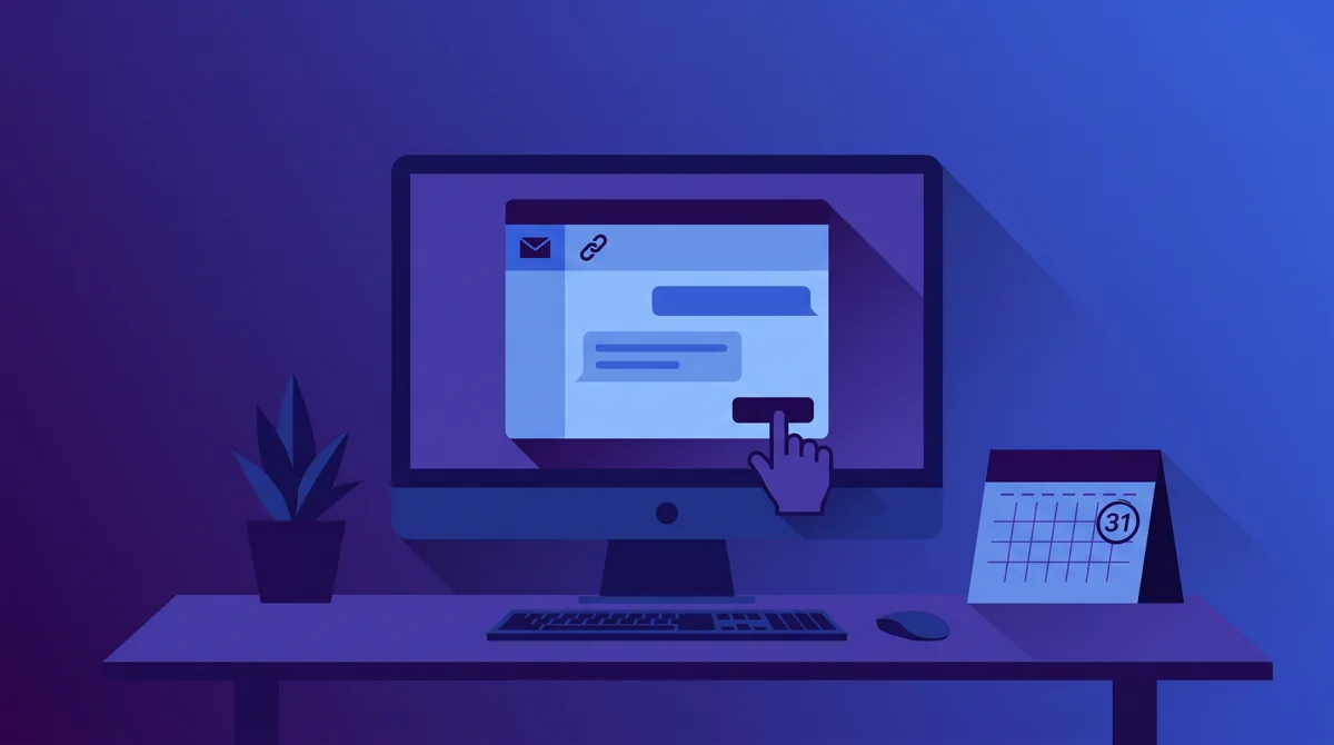 Illustration of a monitor showing a chat window with a link icon, a cursor pressing a button, and a calendar on the desk
