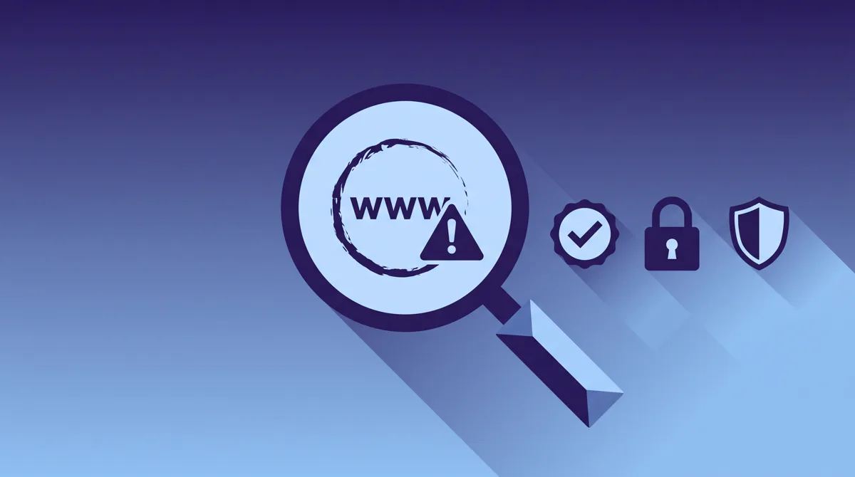Illustration of a magnifying glass over a web address with a warning sign, next to a check badge, a padlock, and a shield
