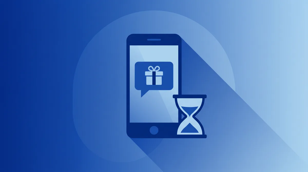 Illustration of a phone with a gift box icon inside a chat bubble and an hourglass beside it