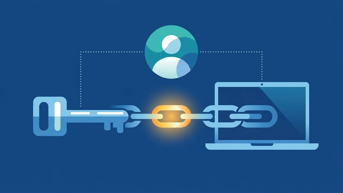 Illustration of a key chained to a laptop silhouette with an account circle above it