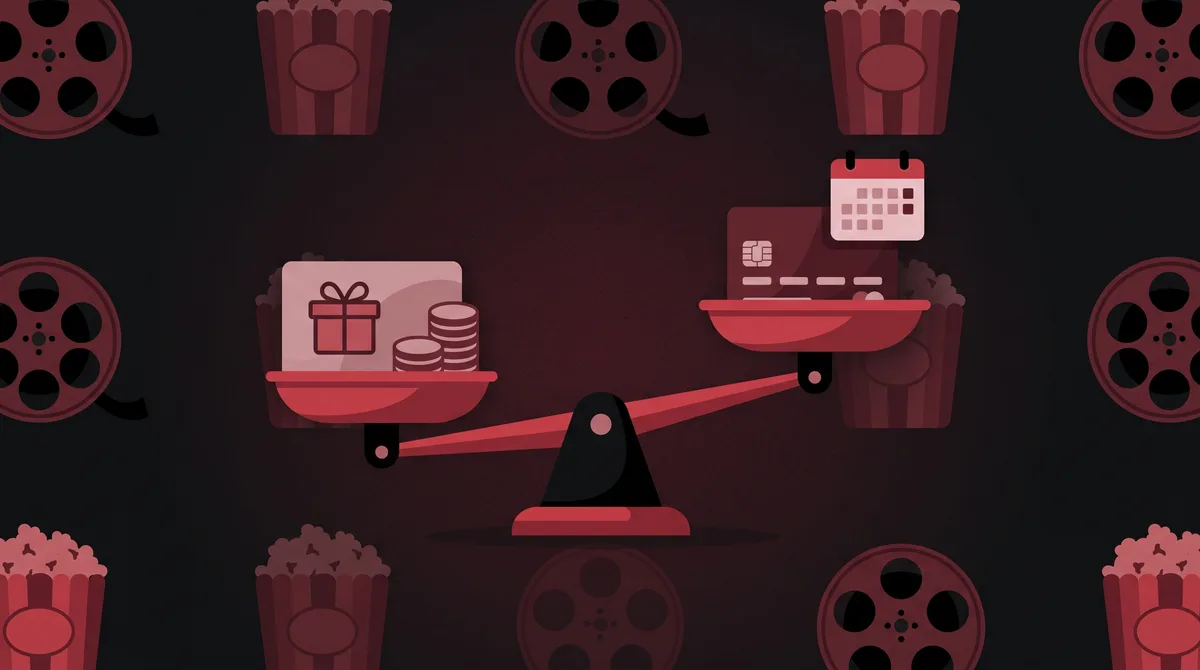 Illustration of a balance scale comparing a prepaid gift card with a credit card and a calendar