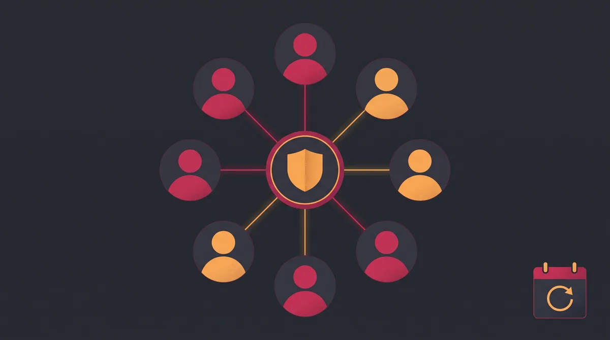 Illustration of eight person silhouettes in a ring connected to a single subscription badge, with a calendar and renewal arrow in the corner