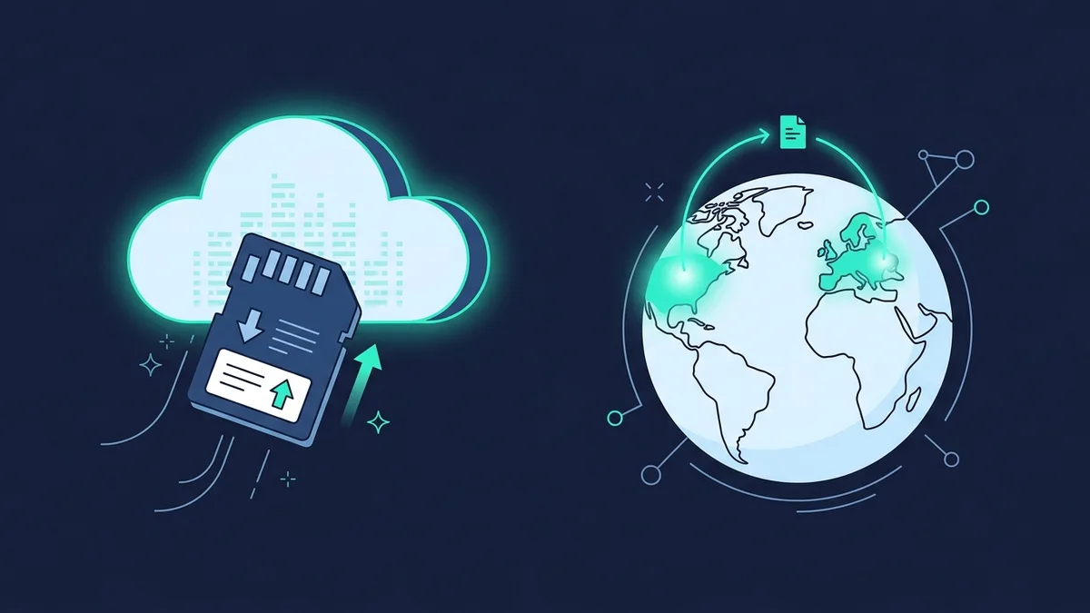Illustration of a save file card floating into a cloud beside a globe with two regions glowing in the same colour