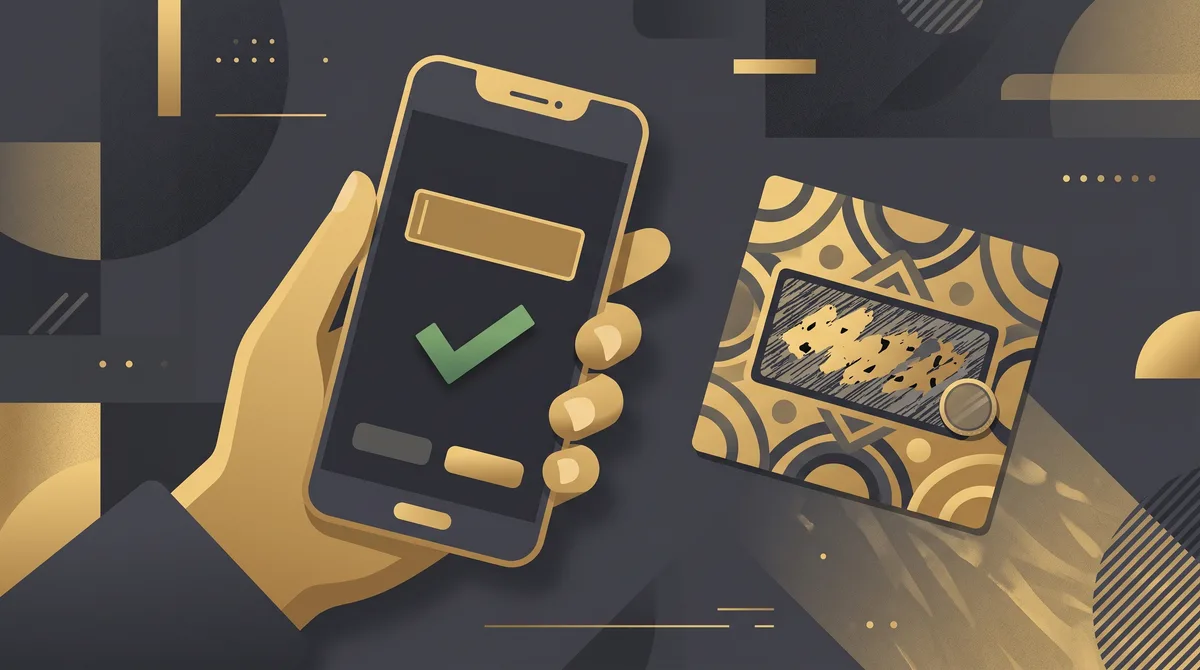 Illustration of a hand holding a smartphone with a code entry field and a check mark next to a scratch card