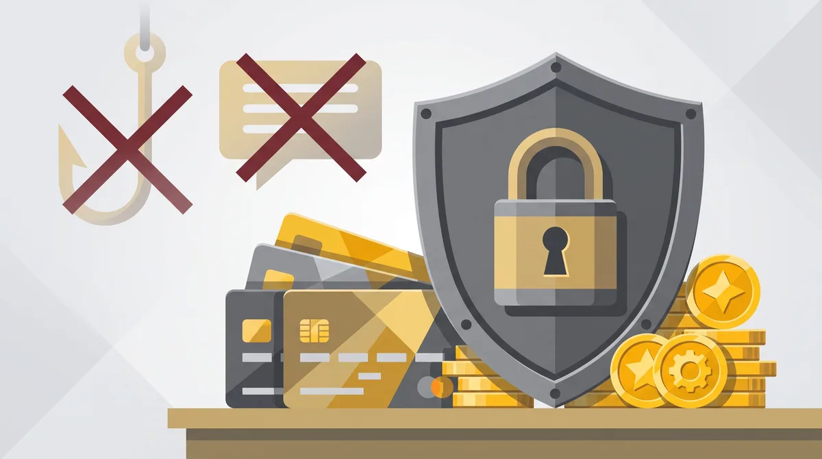 Illustration of a shield with a padlock protecting prepaid cards and gold coins from a phishing hook